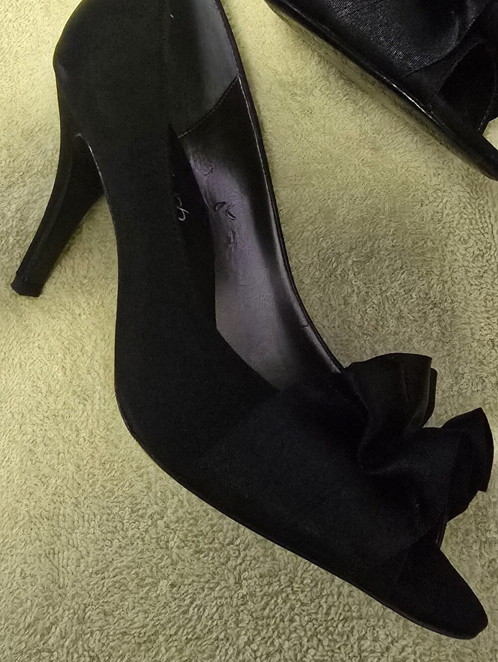 Touch of Nina Black Satin Peep-Toe Ruffle Heels